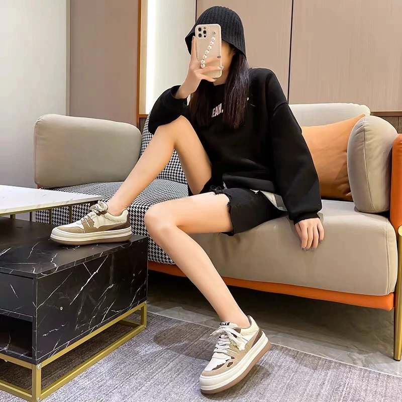 2023春秋休闲鞋圆头鞋女时尚百搭真皮面包鞋英伦风白色板鞋厚底