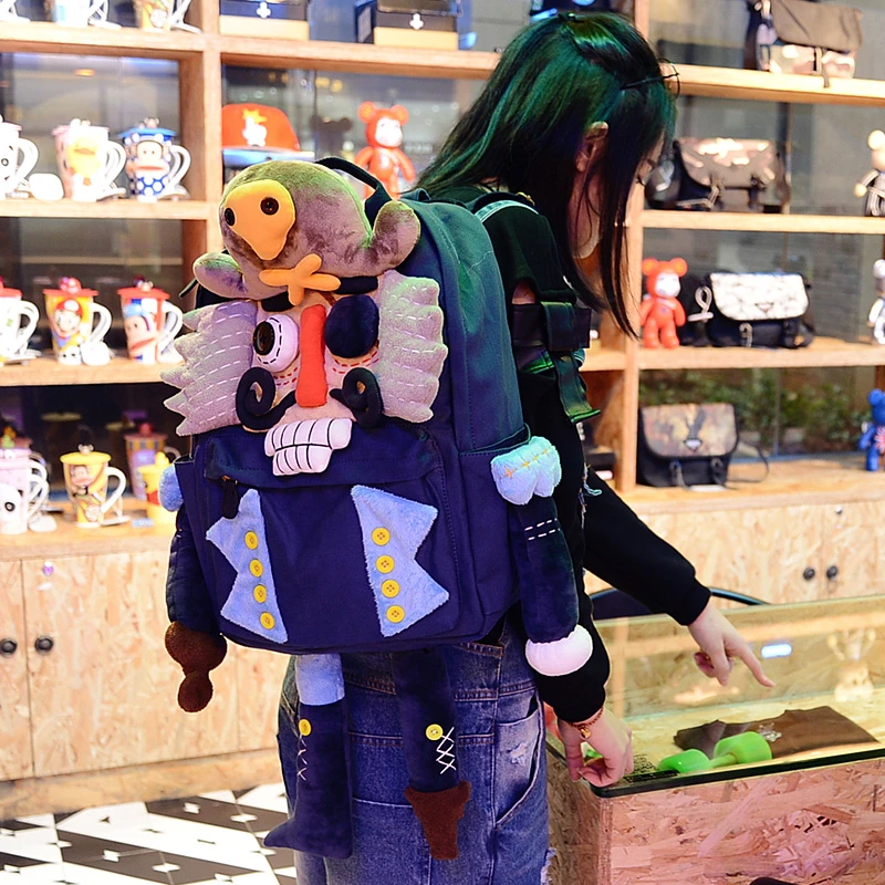 芽小七原创手工海盗帆布女双肩背个性创意搞怪丑萌背包书包大容量