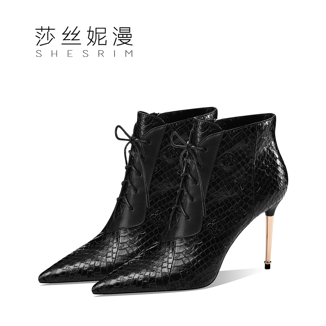 Q31-秋冬新款真皮尖头女短靴时尚百搭细跟鞋系带高跟鞋名媛气质鞋