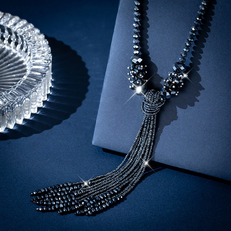 qlady 亚克力吊坠 流苏高领毛衣链女中老年串珠百搭饰品装饰项链