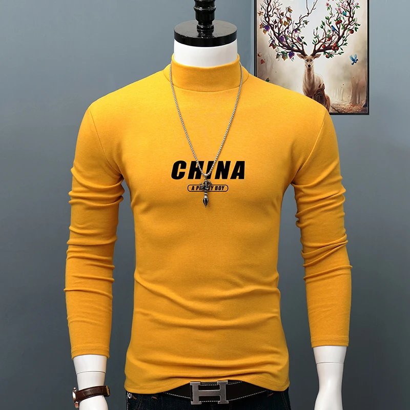 男秋冬季舒适半高领长袖体恤修身印花上衣服秋季潮流中领百搭青年