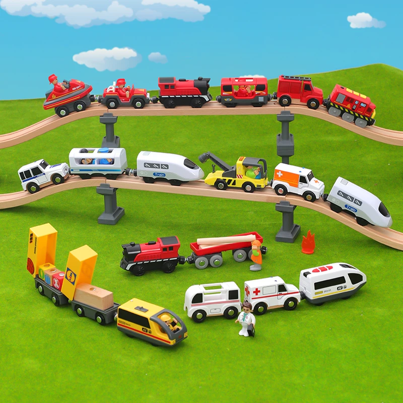 电动小火车头积木质轨道拖车头兼容宜家米兔轨道电动火车头系列