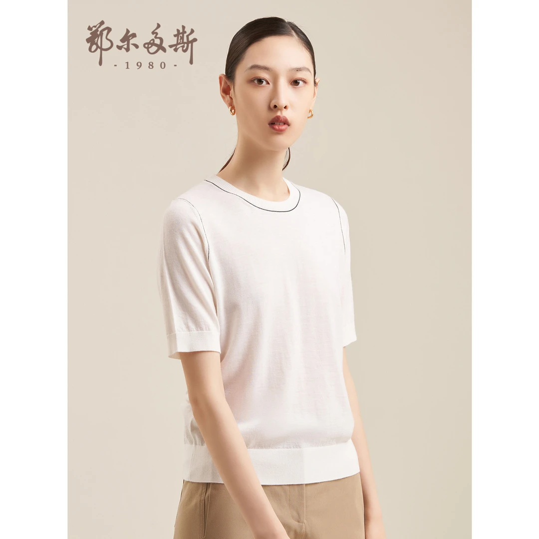 鄂尔多斯1980女装 早春女士绵羊毛通勤风短袖圆领套衫 休闲百搭