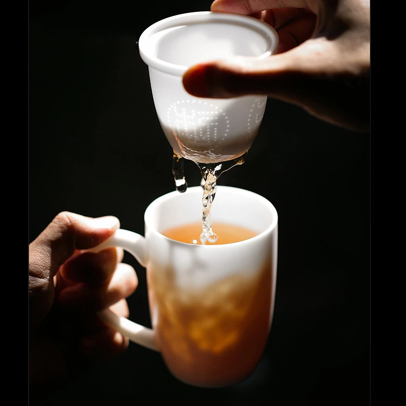 煌山德化白瓷茶杯带盖过滤泡茶杯办公茶水分离简约陶瓷个人杯礼盒