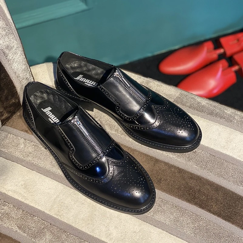 JINIWU吾倪季2025布洛克套脚皮鞋拉链雕花油黑牛皮拼接正装男鞋