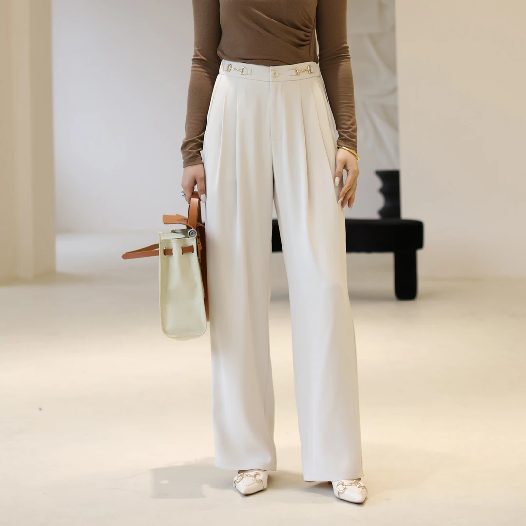马蹄扣阔腿裤女高腰长裤雪纺西装裤直筒女裤21174