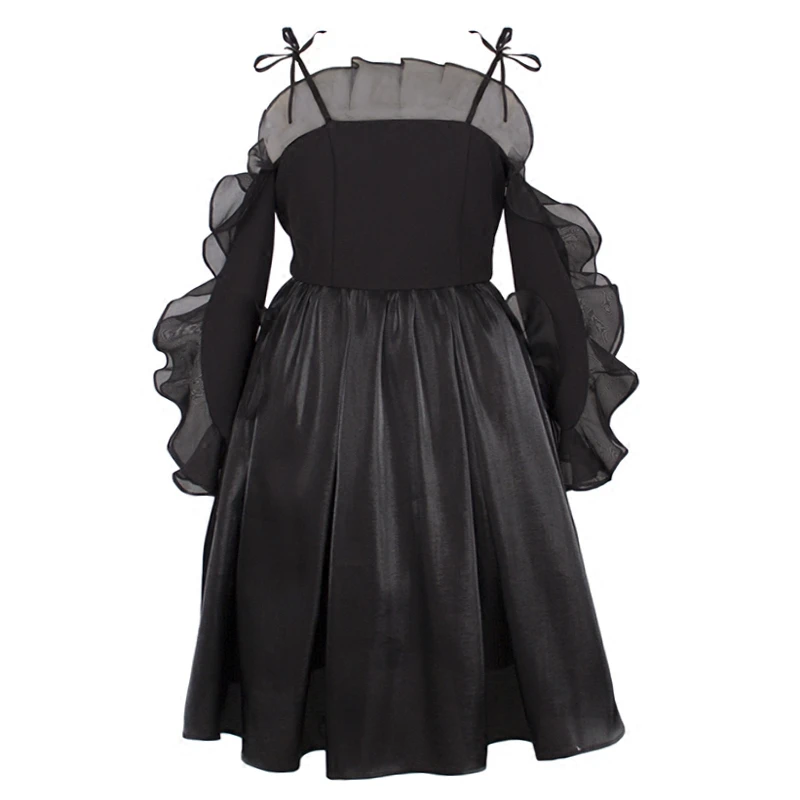 SUNGDOGIN 黑色露肩系带欧根纱荷叶边袖蓬蓬吊带连衣裙18SL020