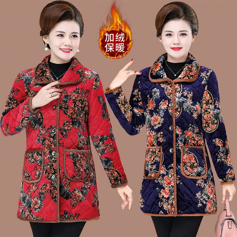 妈妈装加绒保暖棉袄中老年女装秋冬款棉服长袖花色休闲外套棉衣