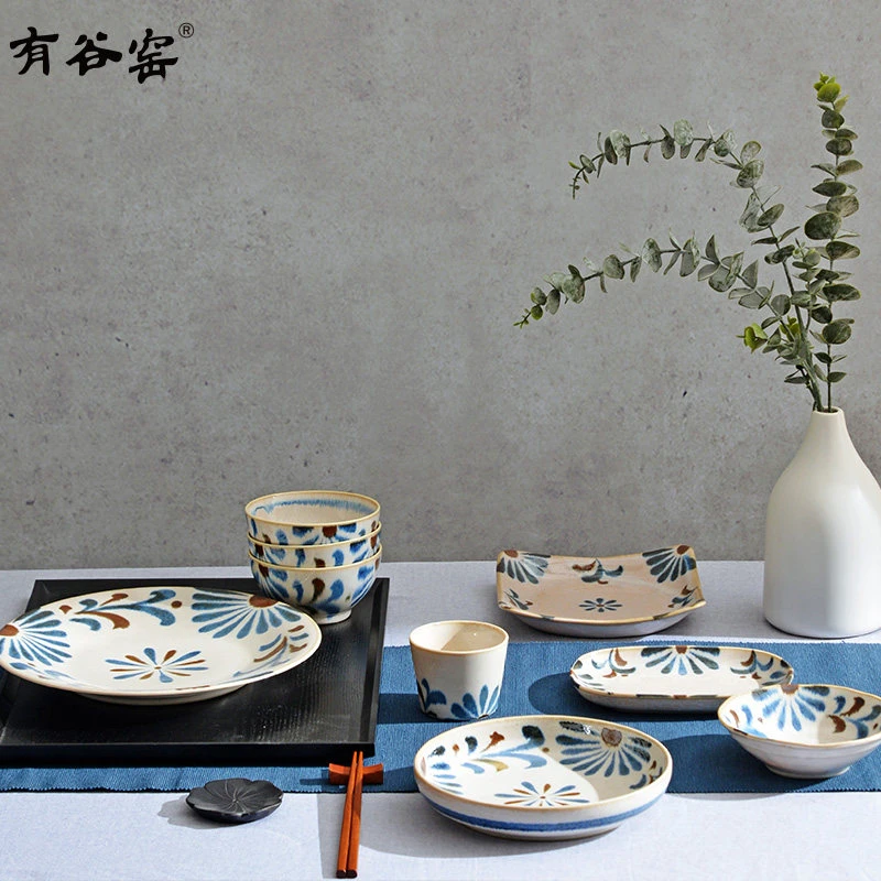 日式蓝菊草釉下彩碗盘餐具高颜值和风家用陶瓷餐具盘子碗碟套装