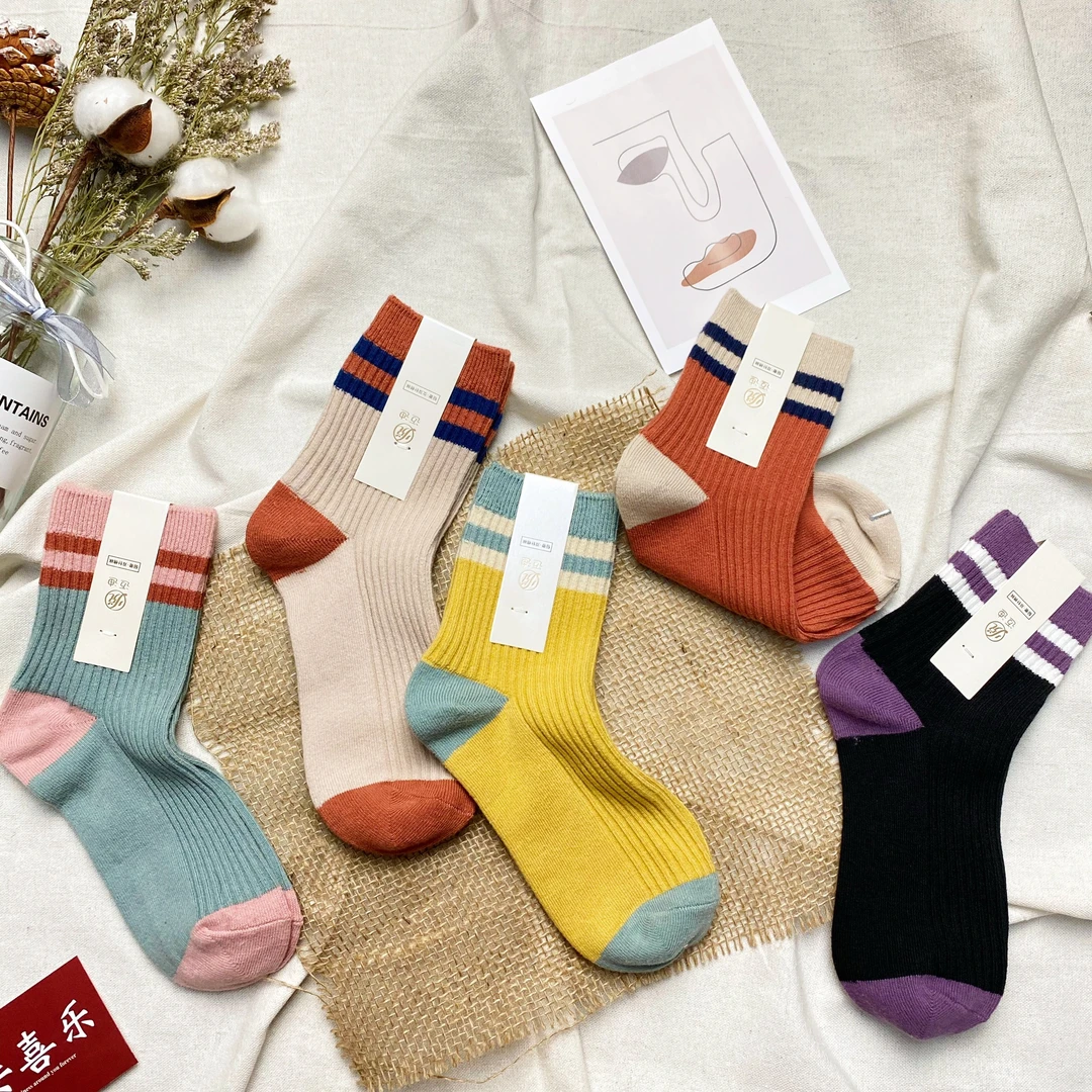 女秋冬Y02拼色中筒袜5双 女生棉袜 袜子女袜ins针织秋冬棉线长袜
