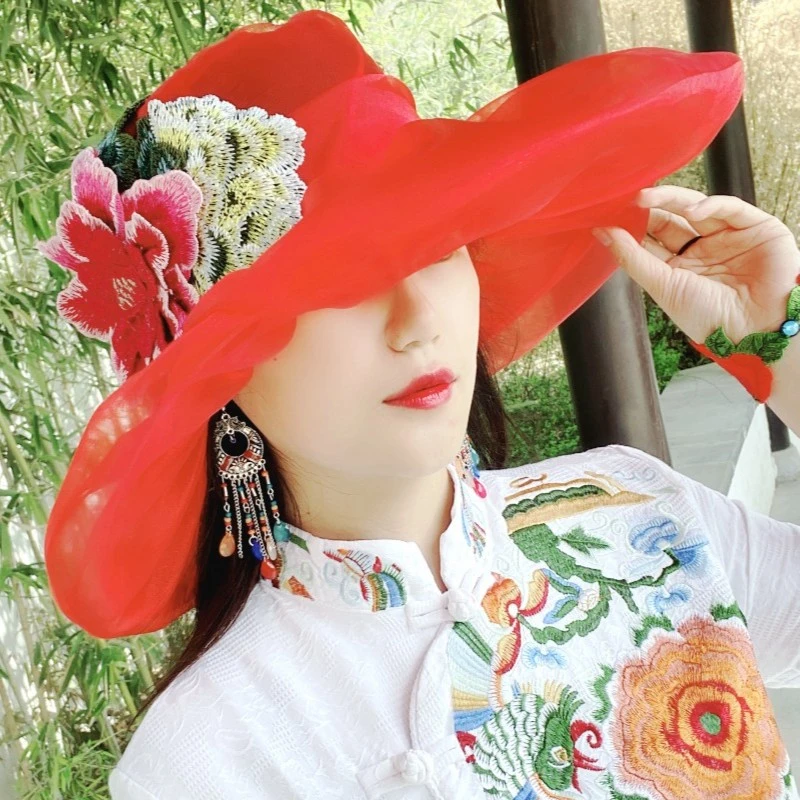 复古帽子百搭遮脸时尚夏季女春夏天优雅刺绣花朵帽防晒户外遮阳帽