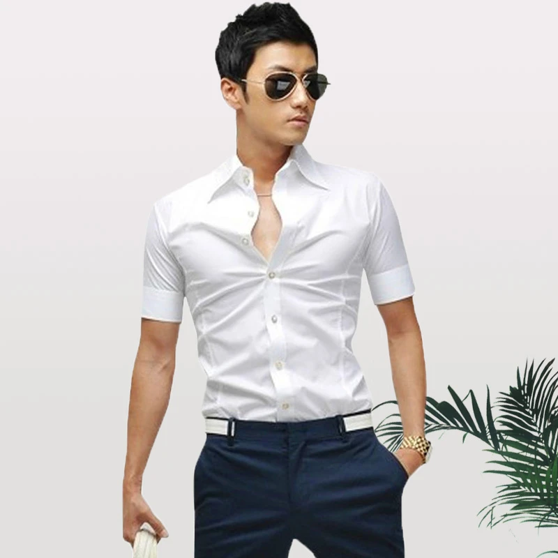 YUEMOYI夏季白色修身男士衬衫简约纯色韩版短袖衬衣休闲潮流男装