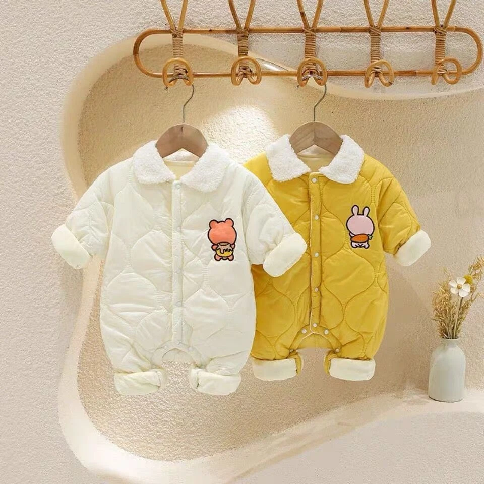 宝宝冬季小兔翻领薄棉加绒面包服外出服连体衣