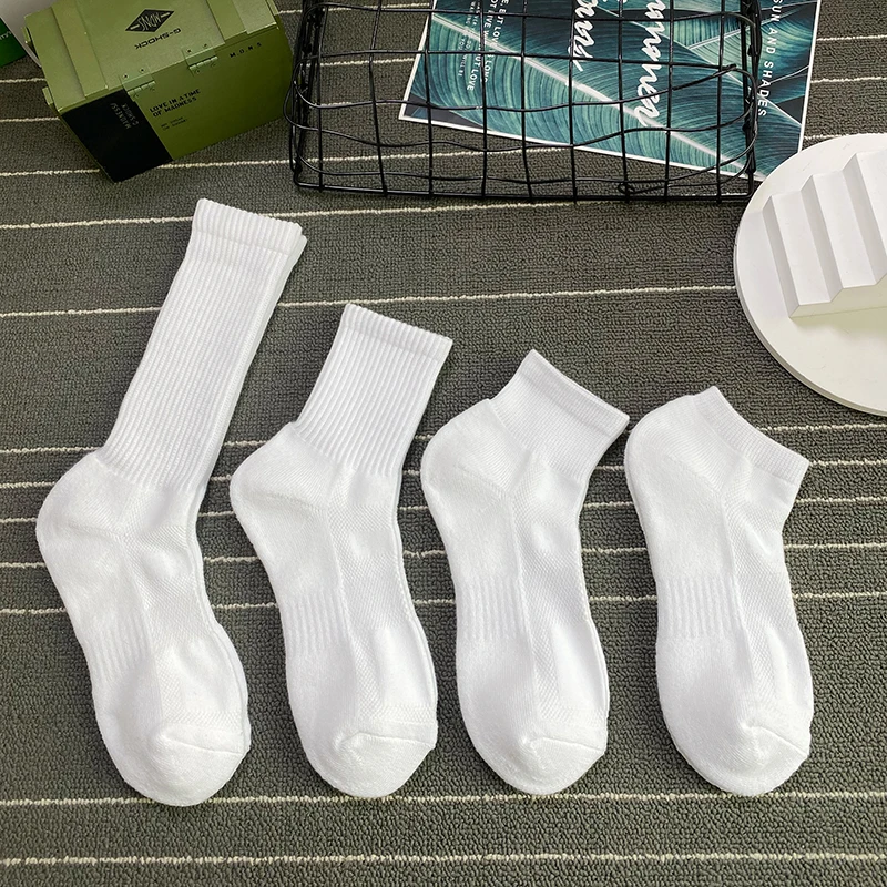 佐印棉品4双男加厚毛巾底纯色黑白中长筒棉袜白袜舒适透气运动袜