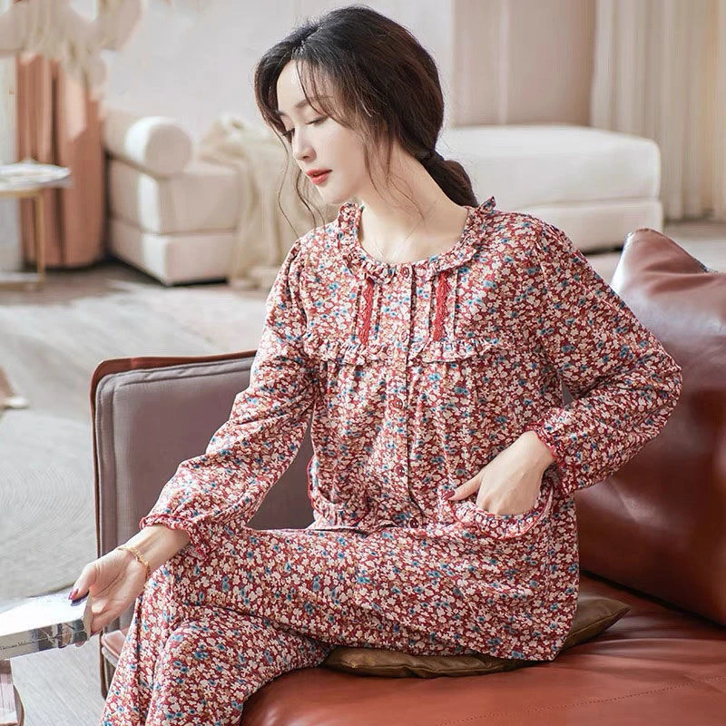 高档纯棉长袖睡衣女士春秋款开衫韩版大码妈妈家居服可外穿套装秋