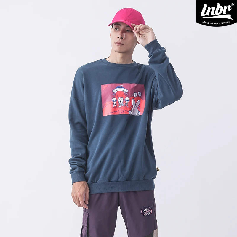 LNBR夏季国潮时尚户外外星人印花圆领套头卫衣 男女同款 蓝色