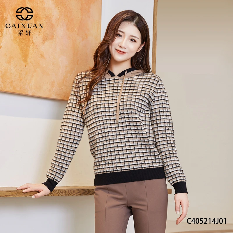 CAIXUAN采轩女冬休闲连帽打底针织套头衫C405214J01格纹绵羊毛