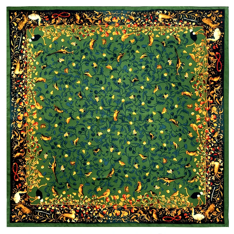 上海故事 花涧春画 65*65 12姆米 桑蚕丝大方巾碎花时尚绿色丝巾