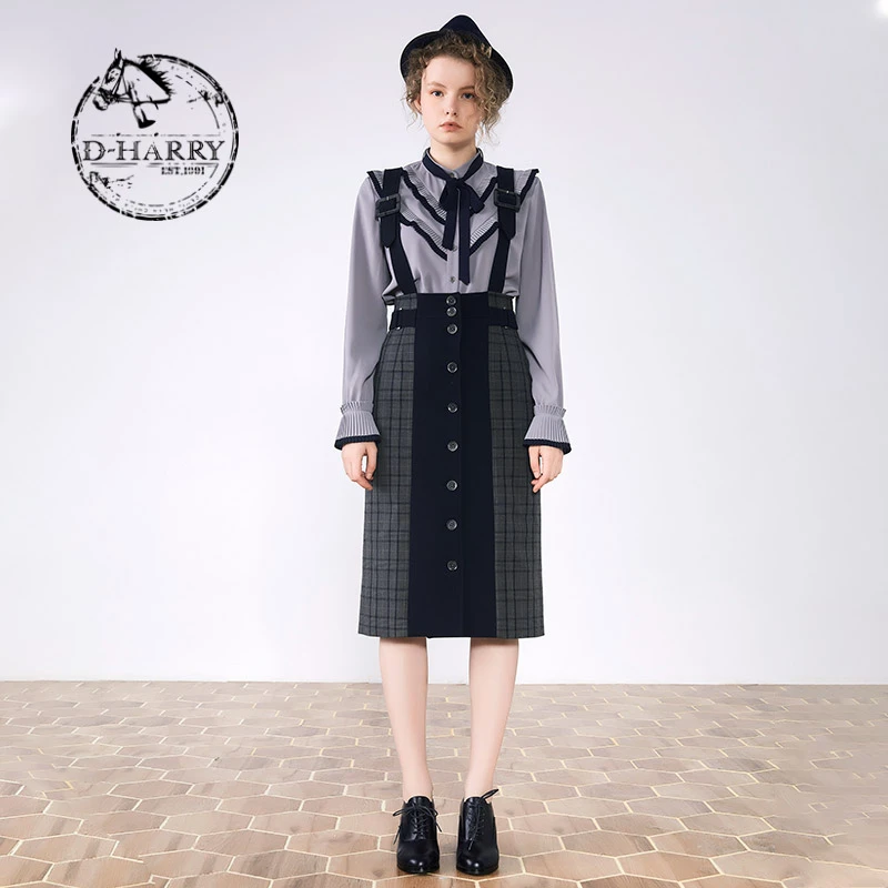 D-HARRY/迪哈利女复古百搭优雅拼接格纹背带裙DH211M92309D