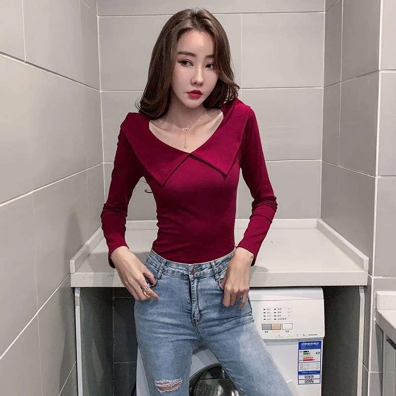 1872 性感气质POLO衫女翻领锁骨上衣娃娃领紧身修身打底衫