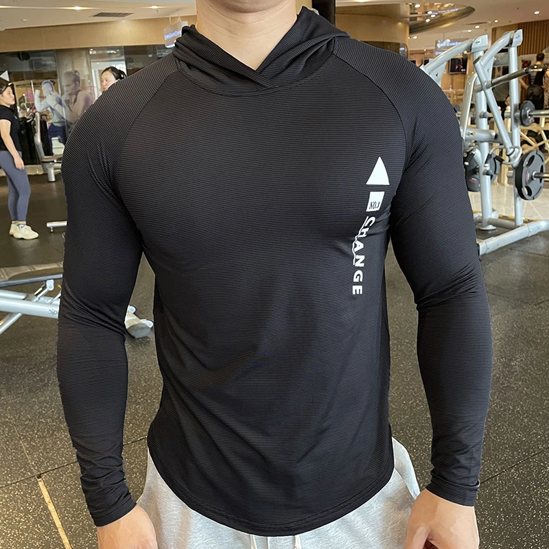 2024款运动连帽长袖男士弹力训练服透气修身跑步速干T恤健身服