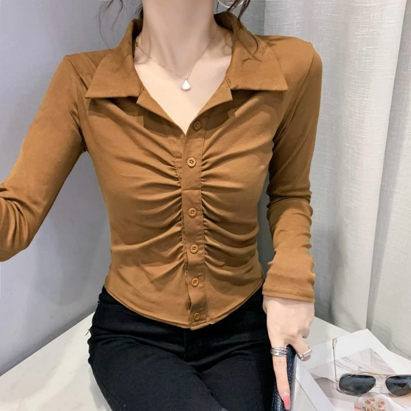 法式复古打底衬衫女春秋显瘦修身短款气质Polo领针织上衣纯色洋气