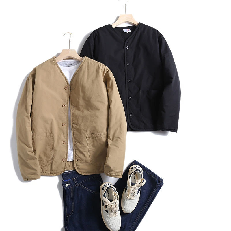 日系复古水洗夹棉加厚保暖棉衣男秋冬款宽松时尚V领夹克外套男