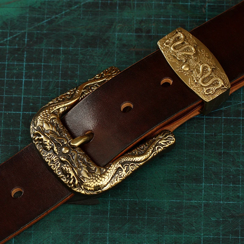 加厚二龙戏珠-手工腰带男头层牛皮实心铜扣复古休闲做旧真皮针扣
