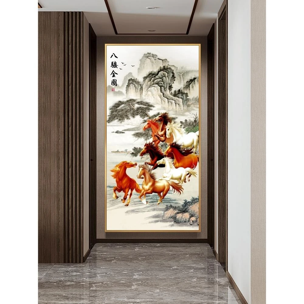 八骏图钻石画满钻2022新款钻石绣客厅玄关竖版八匹马钻石贴十字绣