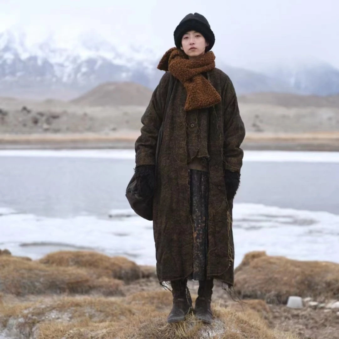 【7折款】Z21FW8055左岸迷香 复古花纹做旧羊羊羊姜黄长款外套大衣