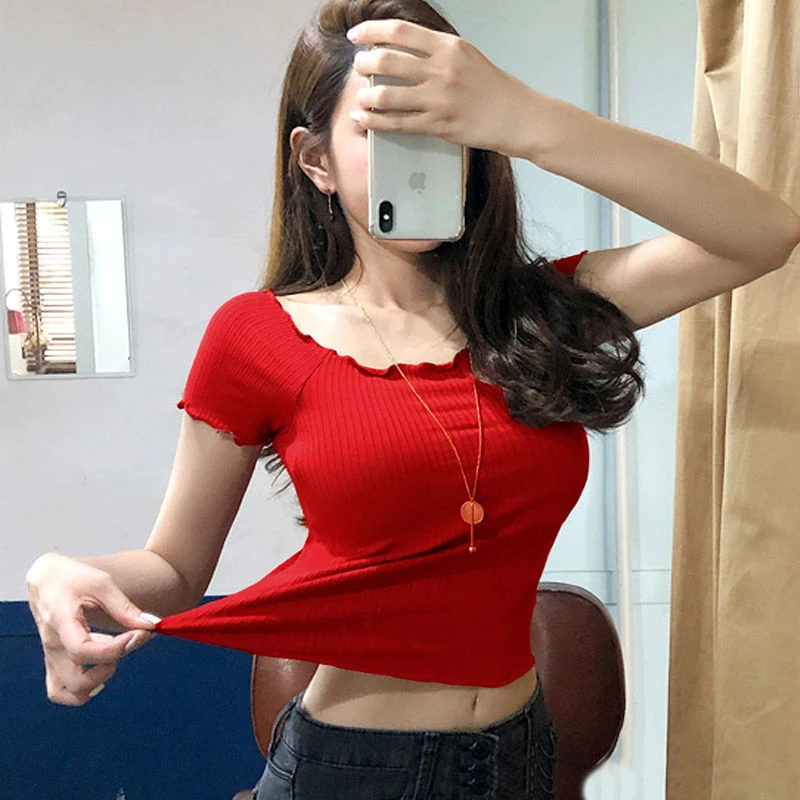红色短款短袖T恤一字肩上衣女露锁骨紧身打底衫夏季高腰露脐女装