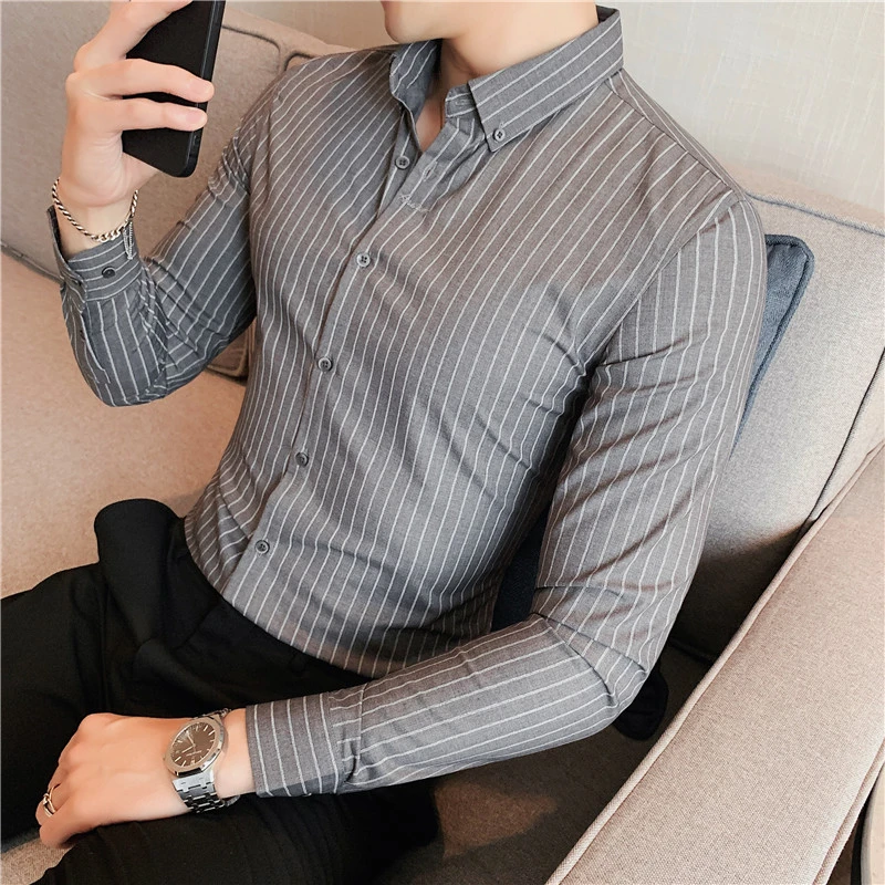 商务条纹衬衫时尚休闲春秋季衬衣扣领韩版修身男士质感长袖衬衫