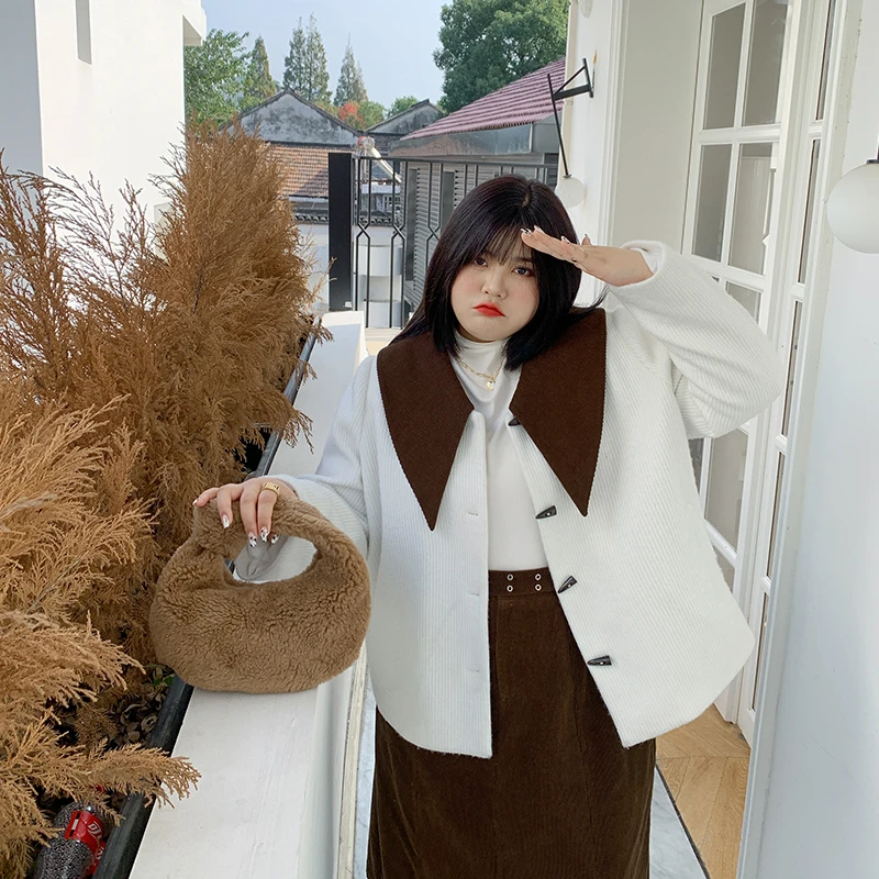 希酱欧尼 大码宽松复古牛角扣夹棉毛呢外套灯芯绒半身裙冬季套装