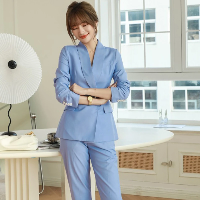 漫凌9182拱针领边蓝色西装两件套女秋季修身时尚西服职业夏季春夏