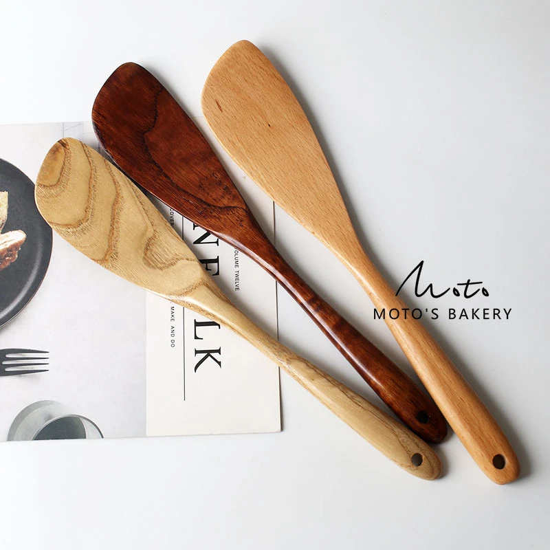 32cm榉木/栗木斜边煎饼铲子 不粘锅炒菜薄铲带挂孔原木烹饪厨具铲