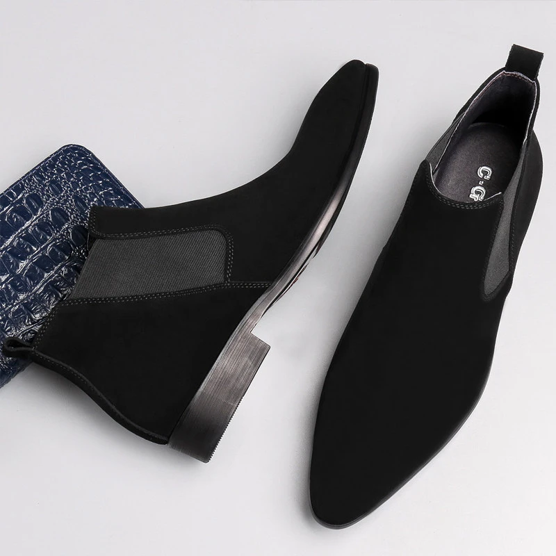 尖头加绒切尔西靴男冬季皮靴高帮皮鞋英伦短靴磨砂反绒皮男靴子潮