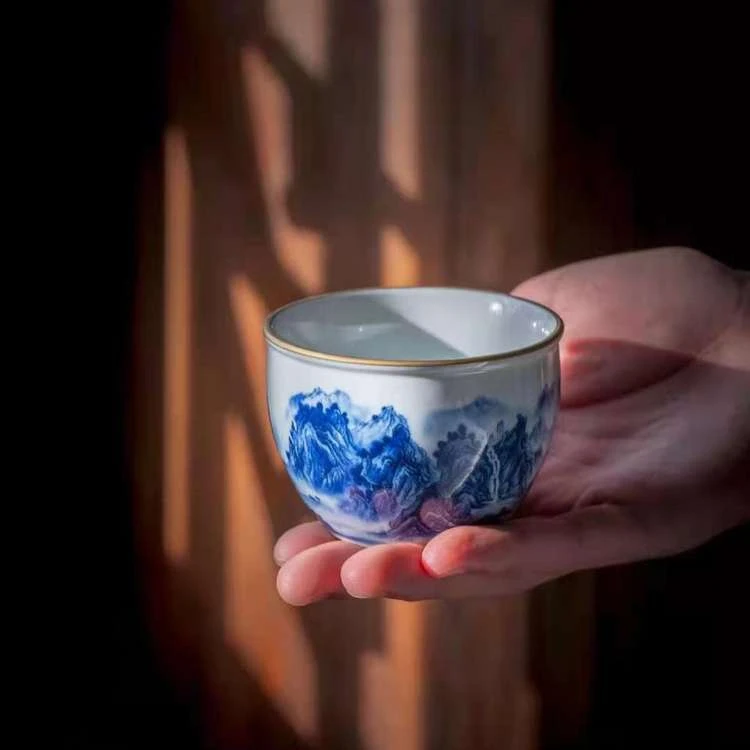 A117高白泥描金青花山水缸杯主人杯景德镇景德镇茶具