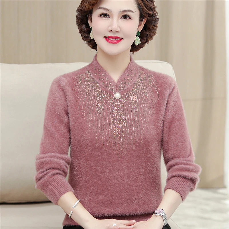 妈妈装冬装仿水貂绒毛衣加厚旗袍领中老年人女装半高领大码打底衫
