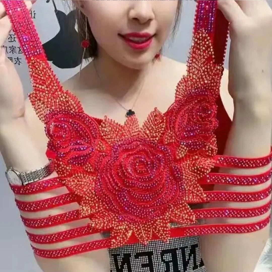 972玫瑰花蕾丝吊带背心前开扣美背设计性感显瘦打底文胸一体短款