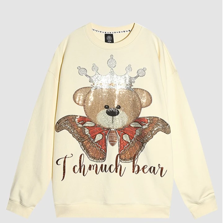 轻奢TCH蝴蝶王冠熊烫钻米色圆领宽松卡通卫衣男女同款T21111C6068