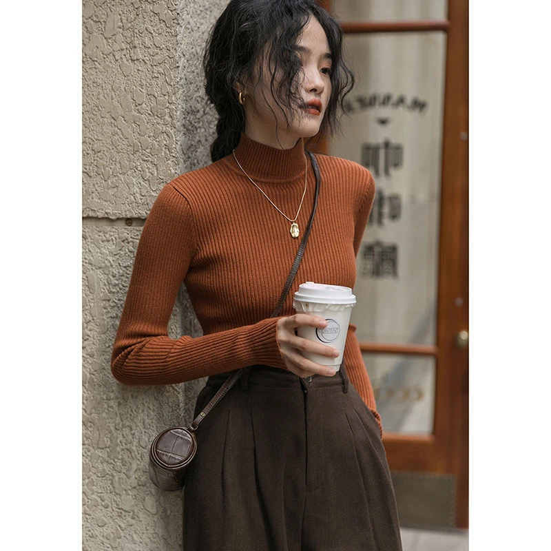 新款半高领打底衫女春秋款洋气修身毛衣内搭针织衫显瘦紧身上衣潮