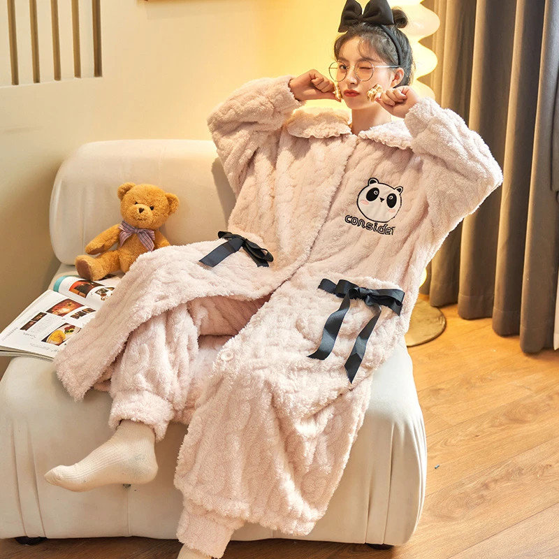 法兰绒睡袍女士秋冬季珊瑚绒睡衣女连帽加厚保暖卡通家居服 2195