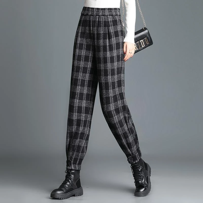 毛呢哈伦裤女萝卜裤秋冬2024新款高腰宽松显瘦加厚格子束脚休闲裤