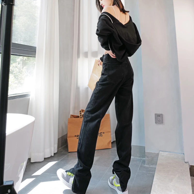 zrde175高个子加长女裤chic开叉裤高腰牛仔裤2021秋阔腿裤拖地裤
