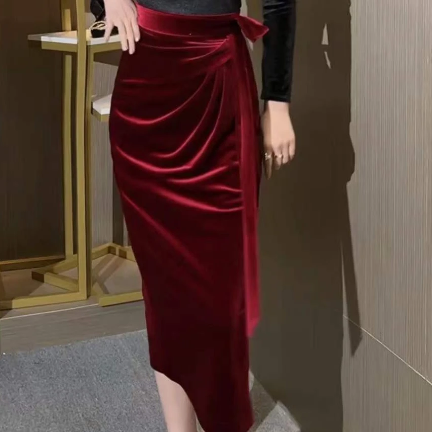 B1Q2215金丝绒半身裙修身高级高腰半身裙