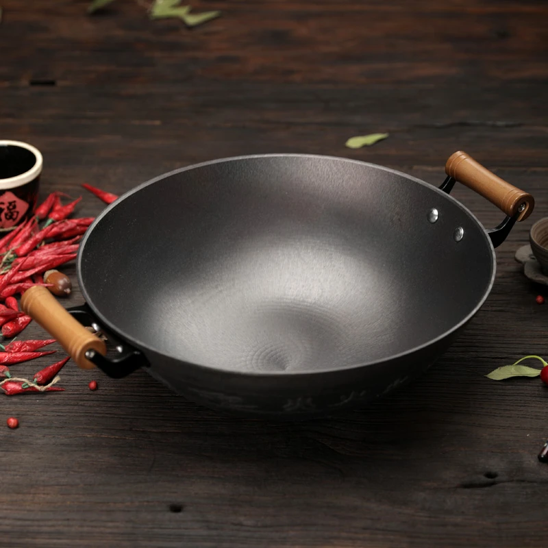 3代40厘米浅口火纹双耳锅铸铁燃气明火可用