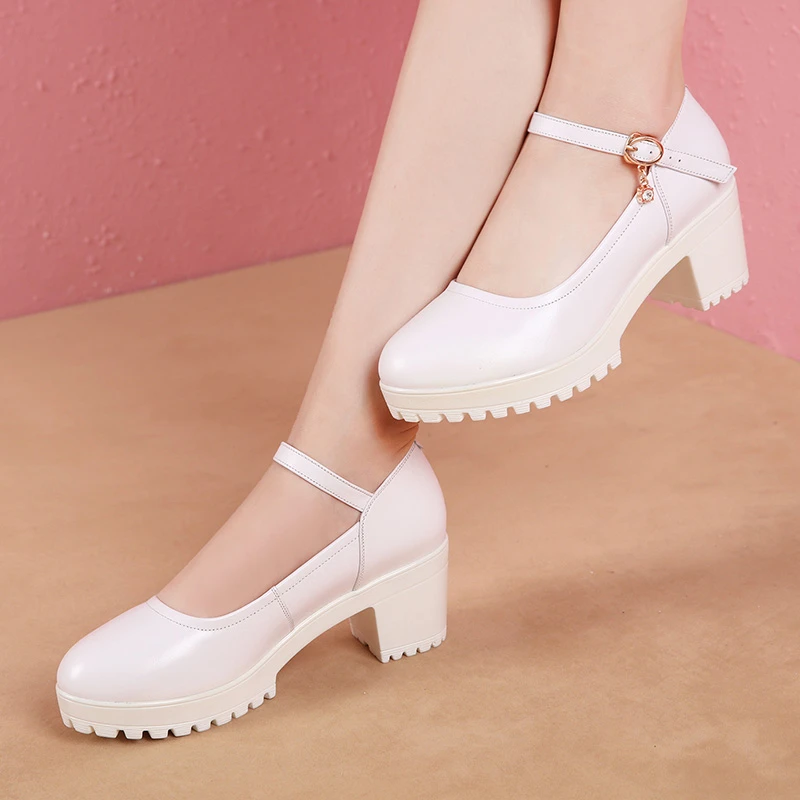 旗袍走秀模特鞋圆头防水台粗跟厚底女鞋白色舒适中跟单鞋大码黑色