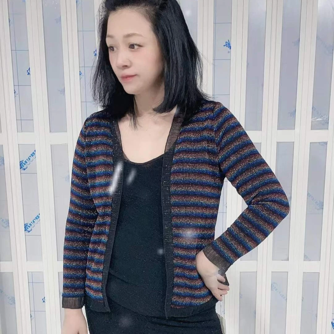 妙唐洋气时尚针织女网红休闲百搭条纹开衫2478-85