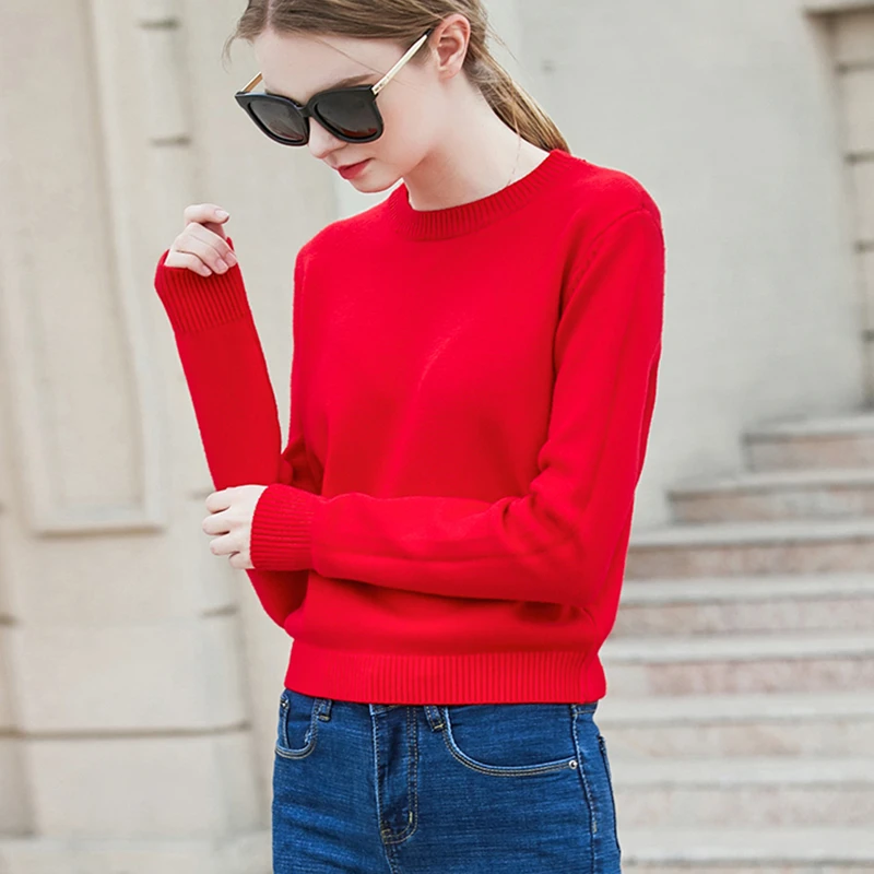 红色毛衣女冬加厚内搭针织打底衫女士时尚套头洋气百搭圆领上衣女