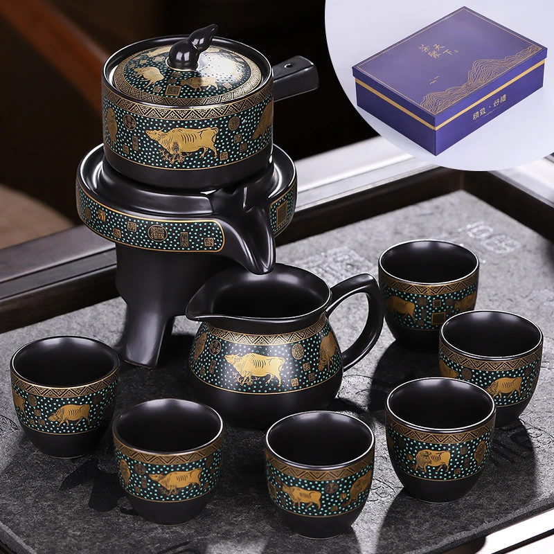 懒人功夫茶具套装家用客厅办公室会客石磨自动泡茶壶茶杯五牛纳福
